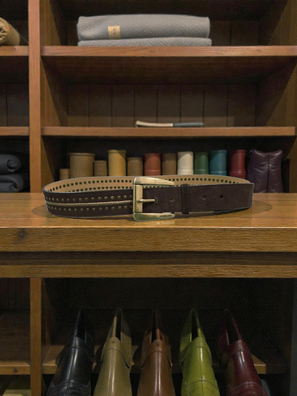 Michael Kors Studded Brown Suede Belt with Gold Buckle Size: Large